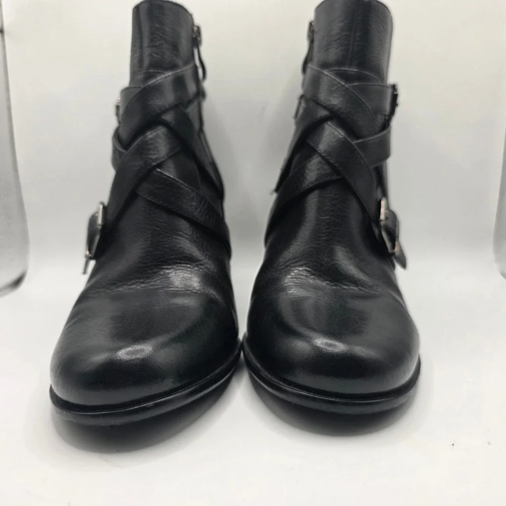 Nurture Womens Black Leather‎ Strappy Buckle Ankle Boots Block Heel Size 8.5M